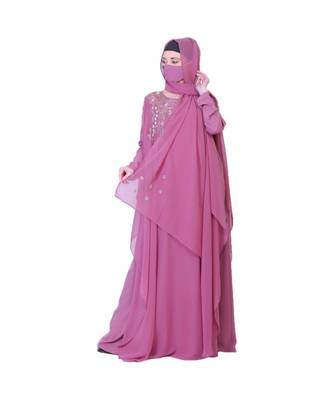 Pretty Pink Abaya Like Dress With Handwork Embellishments And A Matching Hijab 5