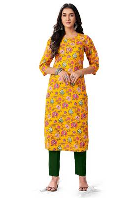 Yellow printed cotton cotton-kurtis 1