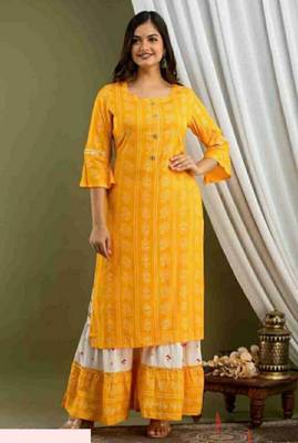 Yellow printed rayon kurtas-and-kurtis 2