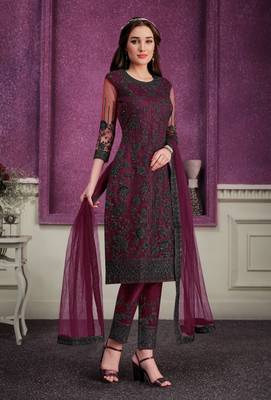 Wine embroidered net salwar 1