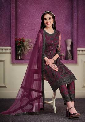 Wine embroidered net salwar 2