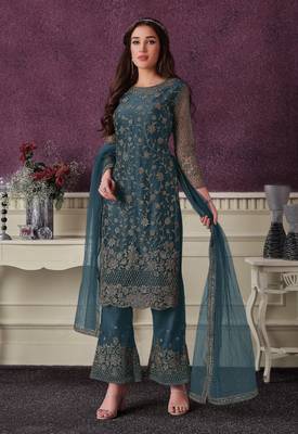 Turquoise embroidered net salwar 1