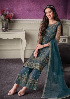 Turquoise embroidered net salwar 2