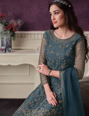 Turquoise embroidered net salwar 3