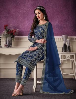 Royal-blue embroidered net salwar 2