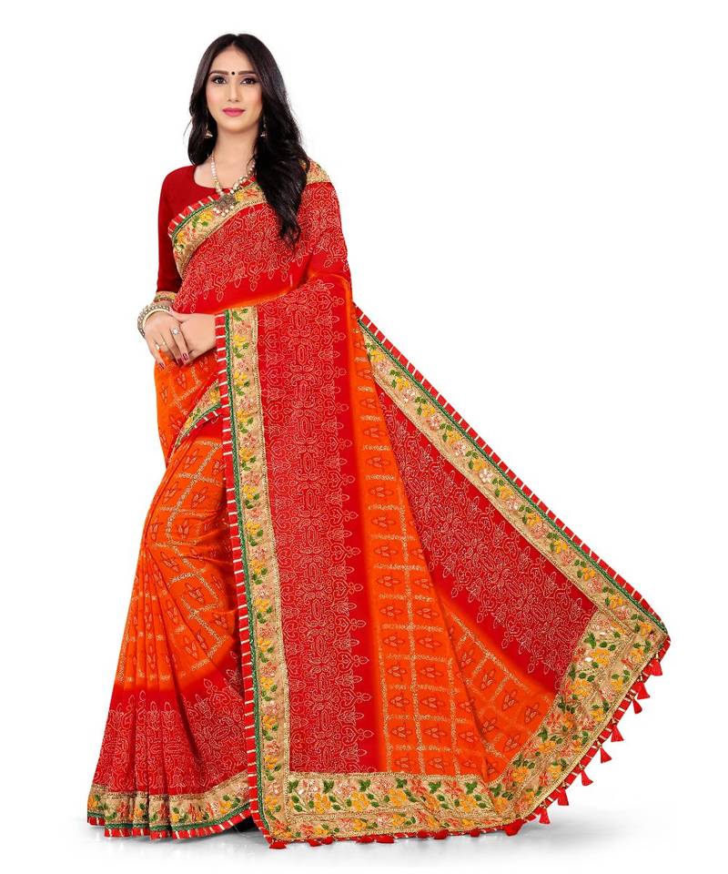 Embroidered Bandhani Georgette Saree with blouse