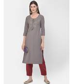 Grey Embroidered Straight Kurta