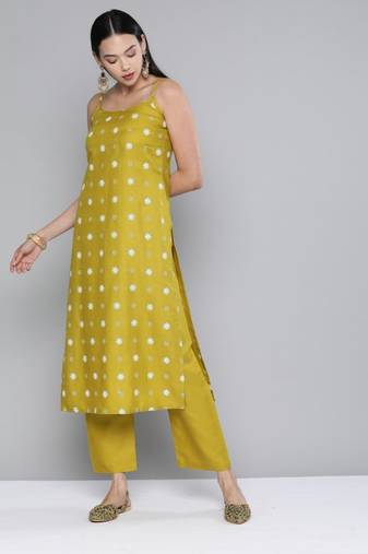 Women Lime Yellow Ruby Silk Khari Print Kurta Set