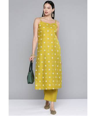 Women Lime Yellow Ruby Silk Khari Print Kurta Set 3