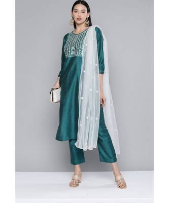 Women Firozi South Cotton Sequinned Yoke Design Kurta with Trousers & Dupatta 1