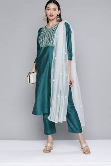 Women Firozi South Cotton Sequinned Yoke Design Kurta with Trousers & Dupatta
