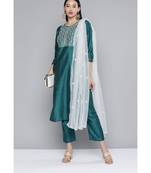 Women Firozi South Cotton Sequinned Yoke Design Kurta with Trousers & Dupatta