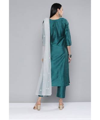 Women Firozi South Cotton Sequinned Yoke Design Kurta with Trousers & Dupatta 2