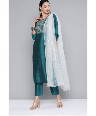 Women Firozi South Cotton Sequinned Yoke Design Kurta with Trousers & Dupatta 3