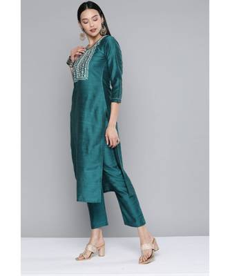 Women Firozi South Cotton Sequinned Yoke Design Kurta with Trousers & Dupatta 4