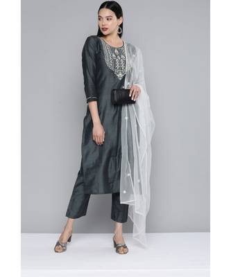 Women Grey South Cotton Sequinned Yoke Design Straight Kurta With Trousers & Dupatta 1