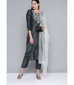 Women Grey South Cotton Sequinned Yoke Design Straight Kurta With Trousers & Dupatta