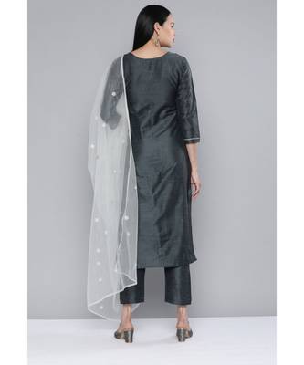 Women Grey South Cotton Sequinned Yoke Design Straight Kurta With Trousers & Dupatta 2