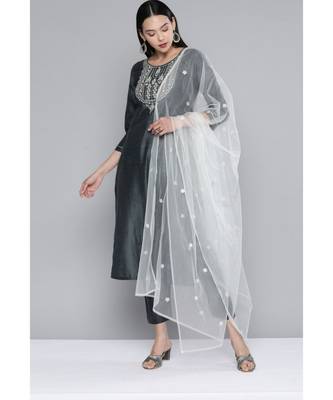 Women Grey South Cotton Sequinned Yoke Design Straight Kurta With Trousers & Dupatta 3
