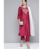 Women Magenta South Cotton Sequinned Yoke Design Regular Kurta with Trousers & With Dupatta