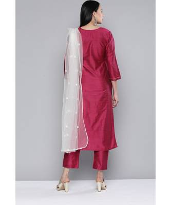 Women Magenta South Cotton Sequinned Yoke Design Regular Kurta with Trousers & With Dupatta 2