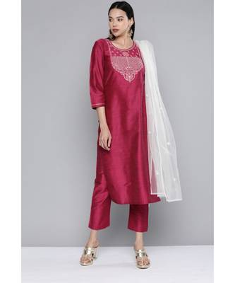 Women Magenta South Cotton Sequinned Yoke Design Regular Kurta with Trousers & With Dupatta 3