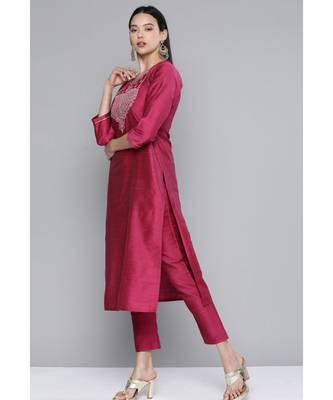 Women Magenta South Cotton Sequinned Yoke Design Regular Kurta with Trousers & With Dupatta 4