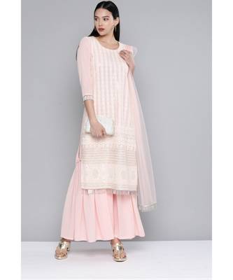 Women Coral Pink Georgatte Sequinned Embroidered Kurta with Sharara & With Dupatta 1