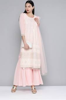 Women Coral Pink Georgatte Sequinned Embroidered Kurta with Sharara & With Dupatta