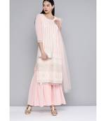 Women Coral Pink Georgatte Sequinned Embroidered Kurta with Sharara & With Dupatta