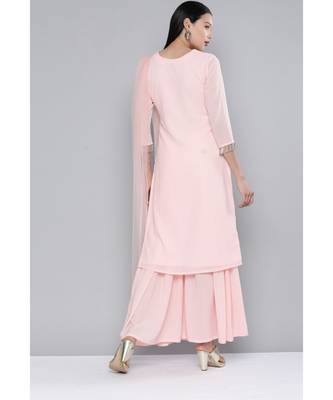 Women Coral Pink Georgatte Sequinned Embroidered Kurta with Sharara & With Dupatta 2