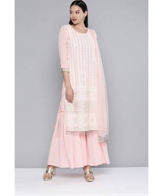 Women Coral Pink Georgatte Sequinned Embroidered Kurta with Sharara & With Dupatta 3