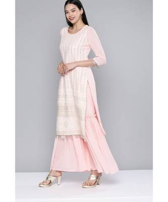 Women Coral Pink Georgatte Sequinned Embroidered Kurta with Sharara & With Dupatta 4