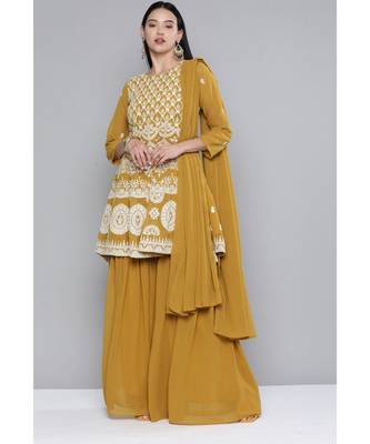Women Mustard Yellow Georgatte Sequinned Kurta Set With Dupatta 1