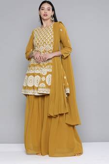 Women Mustard Yellow Georgatte Sequinned Kurta Set With Dupatta