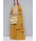 Women Mustard Yellow Georgatte Sequinned Kurta Set With Dupatta