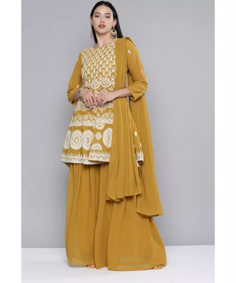 Women Mustard Yellow Georgatte Sequinned Kurta Set With Dupatta