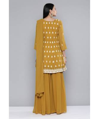 Women Mustard Yellow Georgatte Sequinned Kurta Set With Dupatta 2