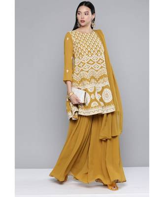 Women Mustard Yellow Georgatte Sequinned Kurta Set With Dupatta 3