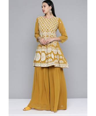Women Mustard Yellow Georgatte Sequinned Kurta Set With Dupatta 4