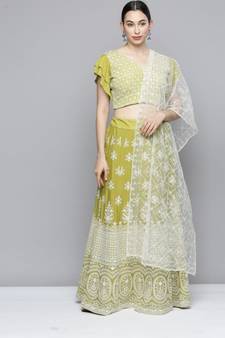 Kvsfab Women's Mustard Embroidered Sequinned Semi-Stitched Lehenga & Unstitched Blouse With Dupatta