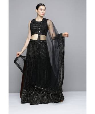 Kvsfab Women's Black Embroidered Sequinned Semi-Stitched Lehenga & Unstitched Blouse With Dupatta 1