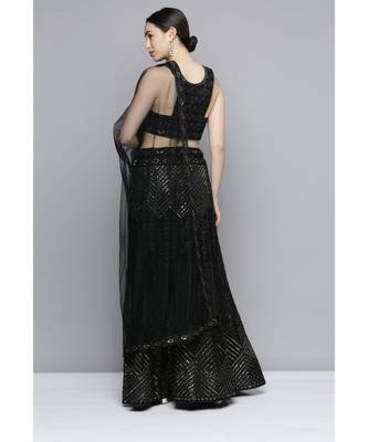 Kvsfab Women's Black Embroidered Sequinned Semi-Stitched Lehenga & Unstitched Blouse With Dupatta 2