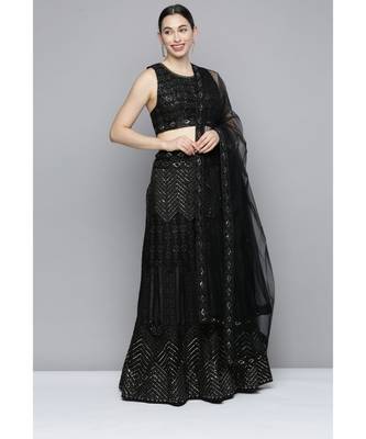 Kvsfab Women's Black Embroidered Sequinned Semi-Stitched Lehenga & Unstitched Blouse With Dupatta 3