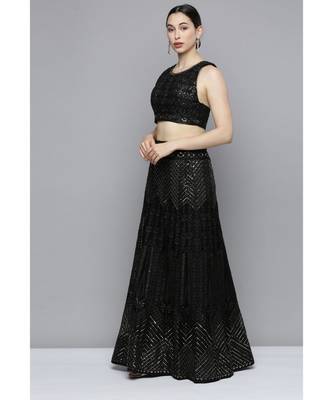 Kvsfab Women's Black Embroidered Sequinned Semi-Stitched Lehenga & Unstitched Blouse With Dupatta 4