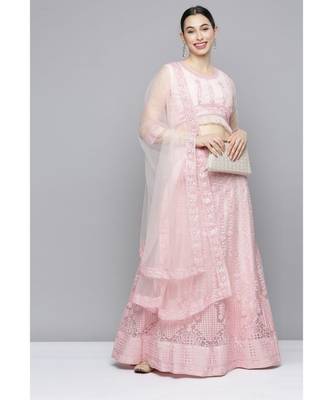 Kvsfab Women's Pink Embroidered Sequinned Semi-Stitched Lehenga & Unstitched Blouse With Dupatta 1