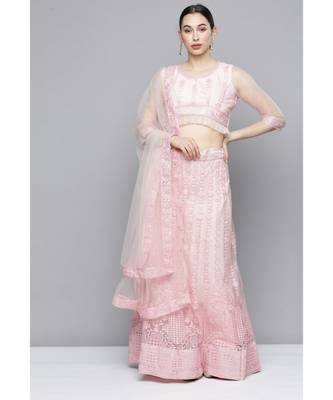 Kvsfab Women's Pink Embroidered Sequinned Semi-Stitched Lehenga & Unstitched Blouse With Dupatta 3
