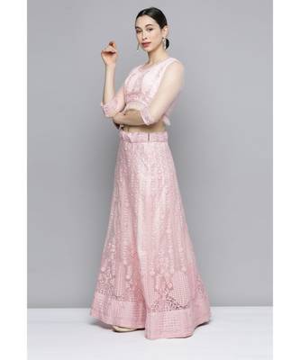 Kvsfab Women's Pink Embroidered Sequinned Semi-Stitched Lehenga & Unstitched Blouse With Dupatta 4