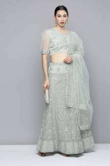 Kvsfab Women's Green Embroidered Sequinned Semi-Stitched Lehenga & Unstitched Blouse With Dupatta