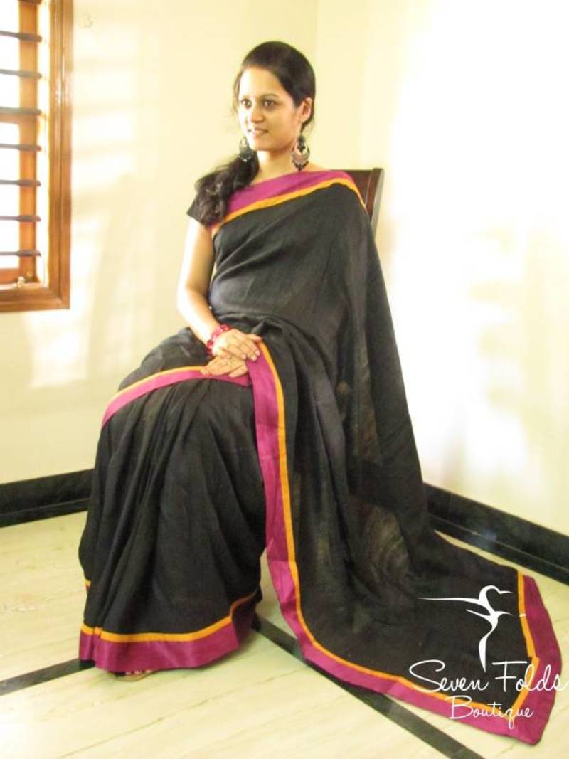 Scintilating Black Tussar Silk Designer Saree